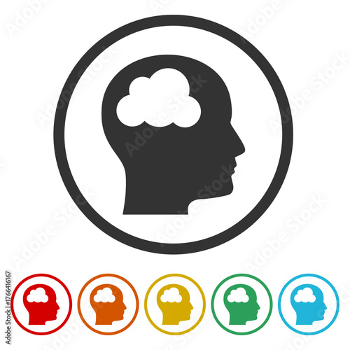 Head icon with cloud sign. Set icons in color circle buttons