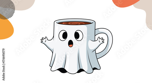 A cute cartoon coffee mug with a ghost costume stands in the middle of a white background with abstract shapes at the top corners.