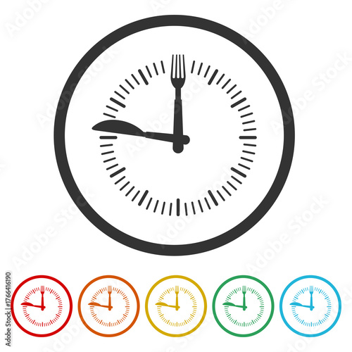 Time eat lunch icon. Set icons in color circle buttons