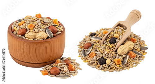 A Wooden Bowl Filled With Mixed Birdseed Peanuts Sunflower Seeds Dried Fruit And Nuts With A Scoop Of Birdseed Nearby Isolated On A Transparent Background Isolate