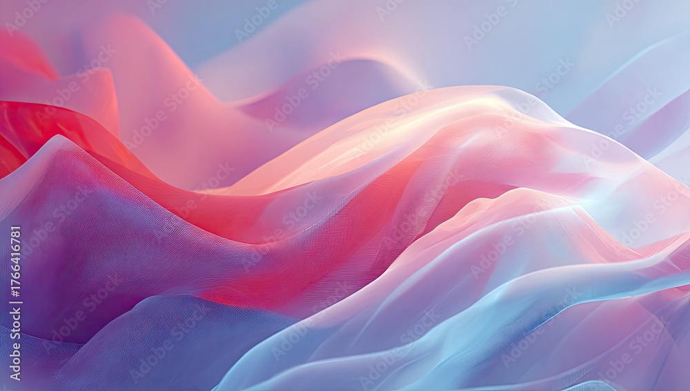 Obraz premium Abstract flowing fabric in pastel pink, red, and blue hues. Gentle waves create a soft ethereal feel