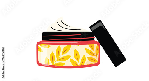 Open jar of face cream with decorative pattern and black cap. A beauty product for skincare and a natural spa treatment.