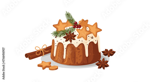 A festive Christmas pound cake decorated with star-shaped cookies, icing, a star anise, and cinnamon sticks makes for a holiday dessert.