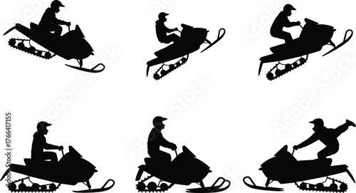 Snowmobile rider silhouettes, winter sports action, extreme snowmobiling stunts, off-road adventure, snow vehicle icons, black vector set, isolated poses, dynamic motion