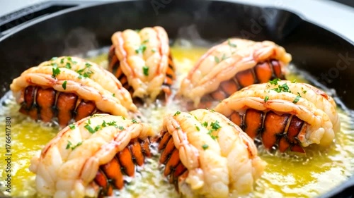 Succulent lobster tails sizzling in a cast iron skillet with herbs, creating a mouthwatering dish