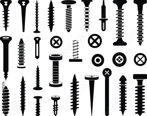Screw bolt fastener silhouettes, construction hardware tools, black vector icons, nuts washers drill bits, mechanical parts set, DIY repair elements