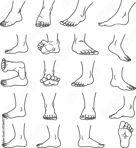 Human foot anatomy sketch, walking foot poses, standing feet reference, top view, side view, bottom view, dynamic foot drawing collection