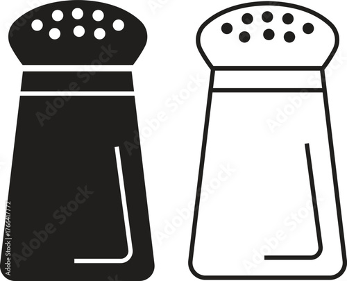 Salt shaker icon set in flat and outline styles. Seasoning container symbols, kitchen spice bottle illustration. Baking and cooking ingredient, condiment holder silhouette and utensil designs vectors.