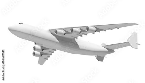White airplane Antonov An-225 Mriya side view low angle isolated on a transparent background. Modern giant cargo airplane wtih six engines. The largest cargo airplane in the world.