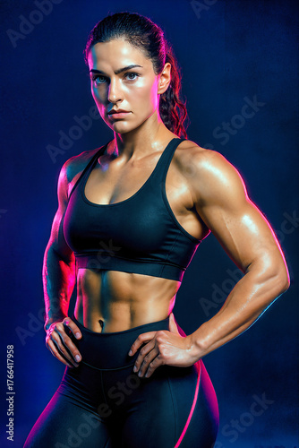Female bodybuilder posing with hands on hips in studio with neon lighting -