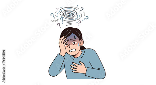 A distressed woman clutches her chest with a swirling, dizzying sensation above her head, illustrating mental confusion and physical discomfort