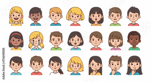 Diverse children faces expressing various emotions, showcasing cultural variety and youthful innocence for educational and design purposes