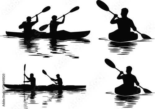 Kayaking silhouette vector, tandem and solo paddling, water sport activity, outdoor adventure, canoeing illustration, black kayak icon, reflection scene
