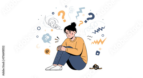 Depressed young woman sitting with her head in her hands surrounded by question marks and chaotic lines representing mental struggle