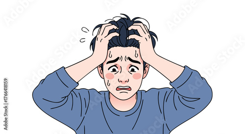 Frustrated young man scratching head in panic, sweat droplets, stress and anxiety expression, overwhelming situation, mental breakdown illustration