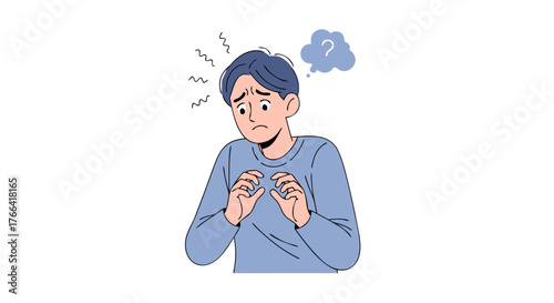 Anxious young man with a question mark above his head, expressing worry and confusion about uncertainty and difficult decisions