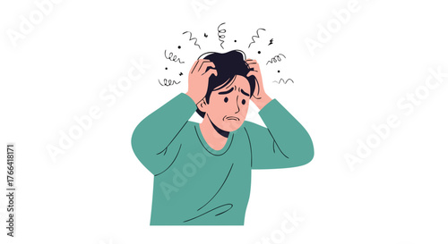 A person holding their head in distress, with wavy lines indicating stress, anxiety, or a headache