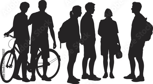 Silhouette of young people with bicycles, casual clothing, backpacks, outdoor interaction, student lifestyle, urban youth, social gathering, transportation, teamwork, vector illustration