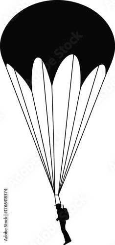 Parachute silhouette, skydiver descending, airborne action, military parachuting, adventure sport, controlled descent, vector illustration, black figure, isolated on white background