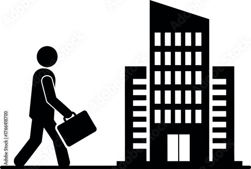 Silhouette of a businessman walking towards a tall modern office building carrying a briefcase