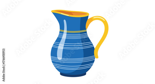 A vector illustration of a blue jug with white stripes and a yellow handle, isolated on a white background, creating a decorative, graphic design element.