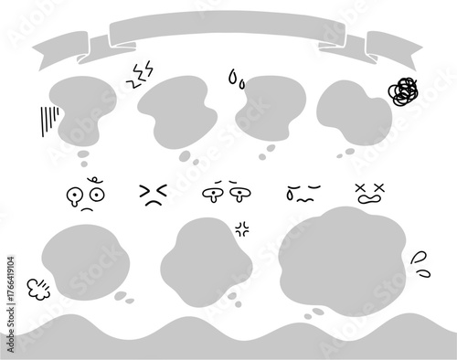 もやもや・悩みの吹き出しセット 困りごと・怒り・汗・ため息などを表現した漫符イラスト付き(リボン装飾)