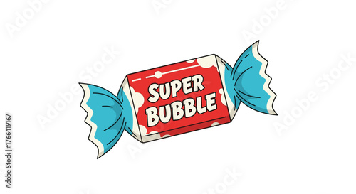 A cartoon depiction of a piece of Super Bubble bubble gum, showcasing the nostalgic treat with its colorful packaging and recognizable brand name.