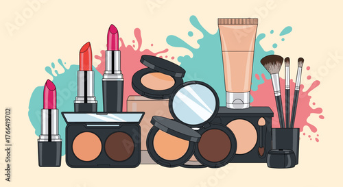 A colorful assortment of cosmetics including lipstick, foundation, powder, blush, and makeup brushes creates a vibrant artistic arrangement.