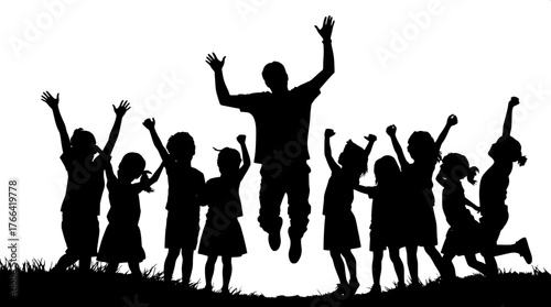 Celebration Silhouette

A group of children in silhouette raising their arms or jumping, with one adult standing calmly among them. Black figures on white background, minimalist and balanced compositi