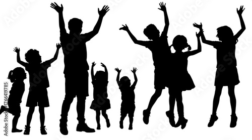 Celebration Silhouette

A group of children in silhouette raising their arms or jumping, with one adult standing calmly among them. Black figures on white background, minimalist and balanced compositi