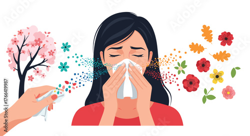 A woman suffering from seasonal allergies, sneezing and blowing her nose, surrounded by airborne pollen, leaves, and flowers.