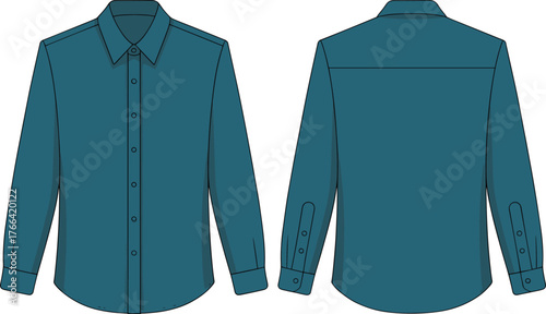 Button-up shirt mockup, long sleeve fashion flat, front and back view, collar and cuff detail, garment design, vector illustration