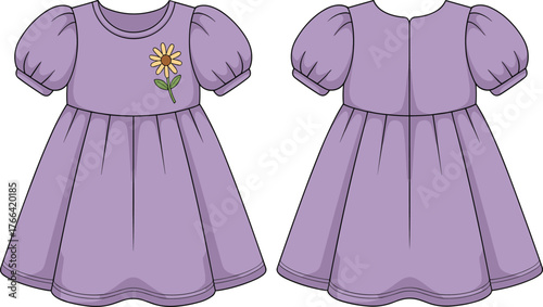Children’s puff sleeve dress mockup, flower embroidery detail, front and back view, fashion flat, garment design illustration