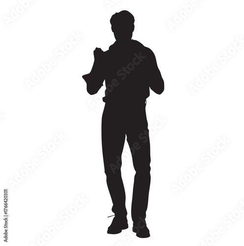 Man Silhouette Putting on Jacket, Isolated on White Background.