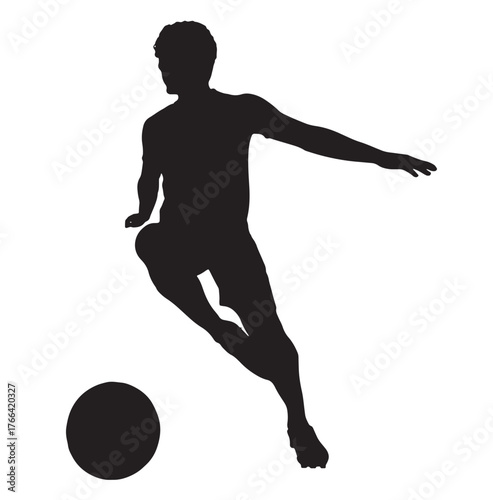 Soccer Player Silhouette Dribbling Ball, Isolated on White