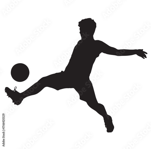 Soccer Player Silhouette Kicking Ball Isolated on White Background.