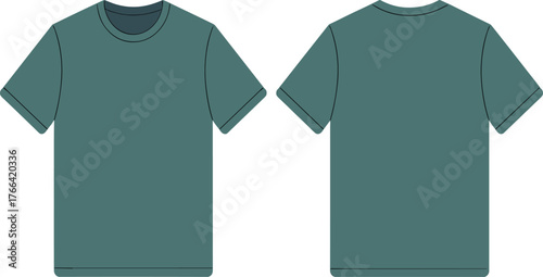 Muted green t-shirt mockup, front and back view, cuffed sleeve fashion flat, crew neck design, apparel template, vector illustration