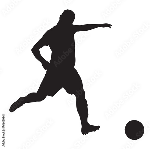 Soccer Player Kicking Ball Silhouette, Isolated on White Background.