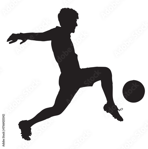 Soccer Player Silhouette Kicking Ball. Vector Illustration.