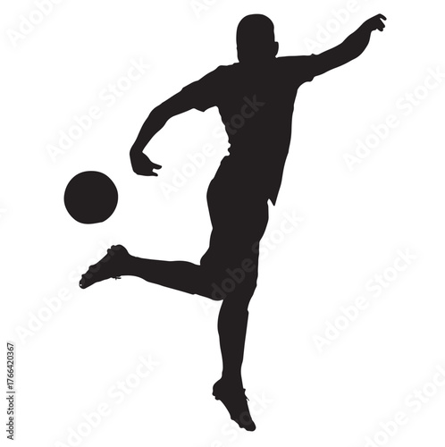 Soccer Player Silhouette Kicking Ball on White Background.