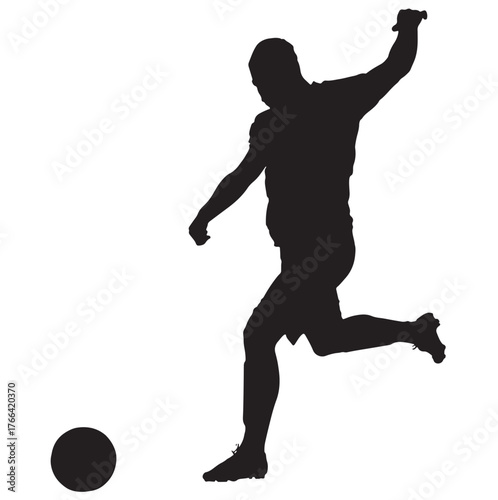 Soccer Player Kicking Ball Silhouette on White Background.
