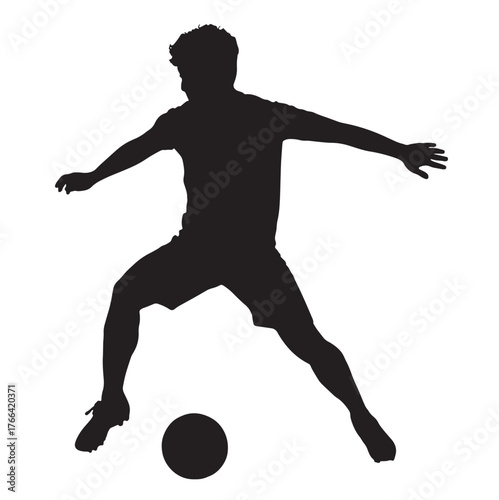 Soccer Player Silhouette Kicking Ball, Isolated on White Background.