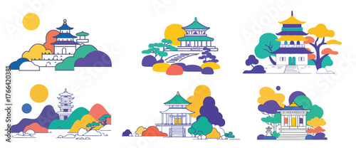 Colorful Asian temple icon set with traditional oriental pagoda architecture and minimalist vector design