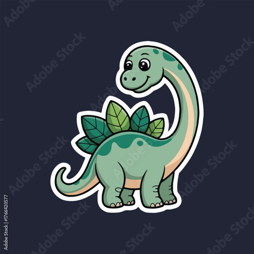 Cute cartoon stegosaurus sticker with green body and leaves on its back against a dark background