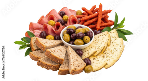 Sliced Cured Meats Cheese Slices With Herbs Assorted Olives In Bowl Whole Grain Bread Slices And Small Sausages Arranged Transparent Background Isolate Food