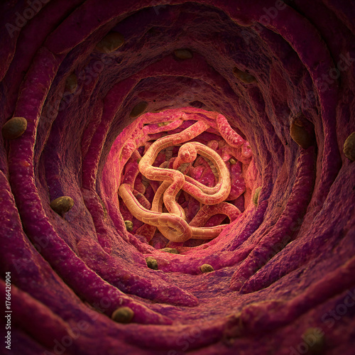 Roundworms inside the intestine
