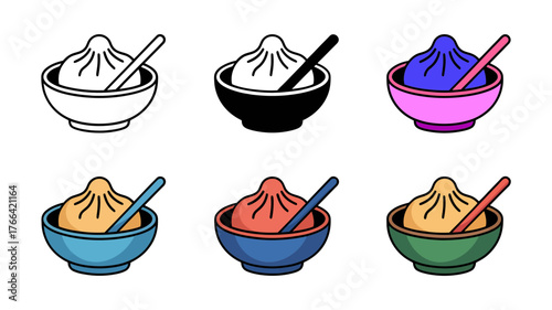 Vector art of set of six dumpling icons in bowls with chopsticks