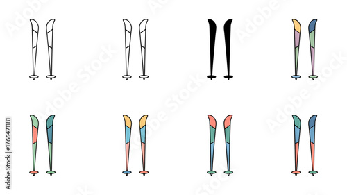 Vector art of collection of eight ski icons in various colors and styles
