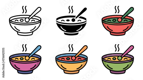 Vector art of collection of soup bowl icons in various styles and colors