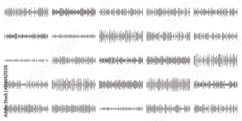 Audio wave tune print, voice message, podcast audio recording. Vector audio player soundwave visualization or voice message sound wave. Podcast audio streaming. Music, sound concept.